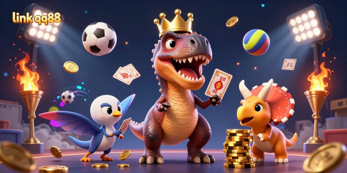 Engage with link qq88 in a dynamic casino scene featuring a T-Rex card dealer with a golden crown.
