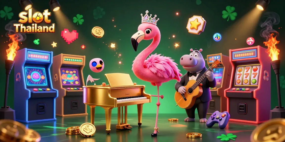Rasakan keseruan permainan slot Thailand dengan penyanyi flamingo di piano emas dan suasana kasino yang meriah.
