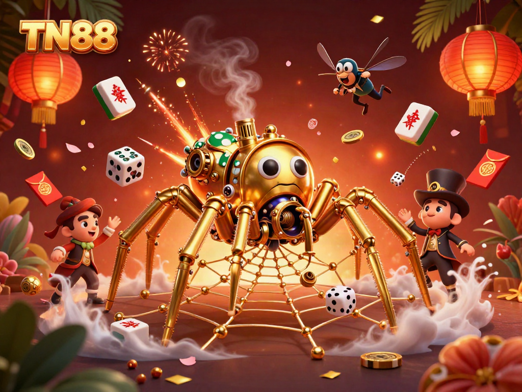 Experience TN88 with a steampunk theme, showcasing a spider and a gentleman trapped in a web of luck and opportunity.