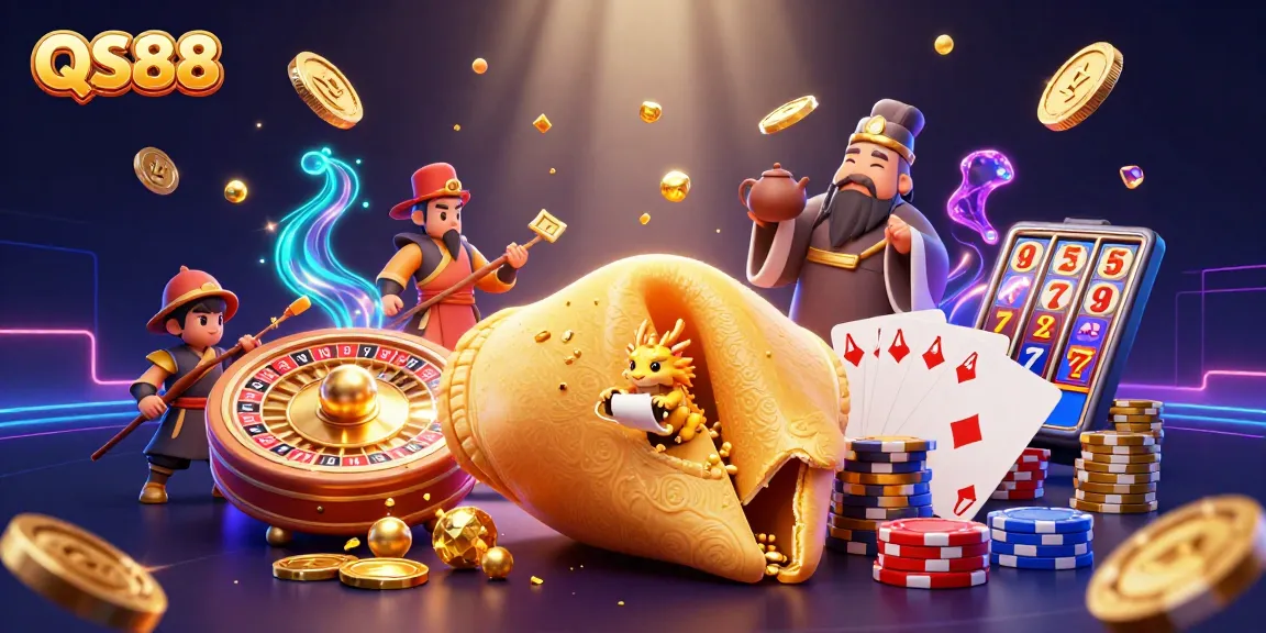 Experience thrilling gaming adventures with QS88, featuring golden casino elements and a vibrant 3D scene.