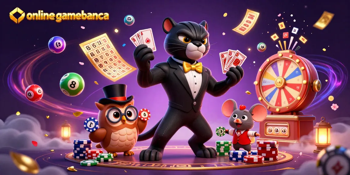 Experience the excitement of onlinegamebanca with a stylish panther dealing cards amidst vibrant casino elements.
