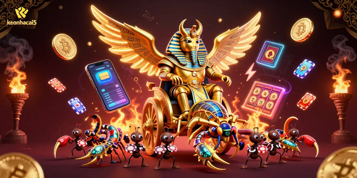 Engage with keonhacai5 in a dynamic casino scene featuring a golden scarab beetle and vibrant slot elements.