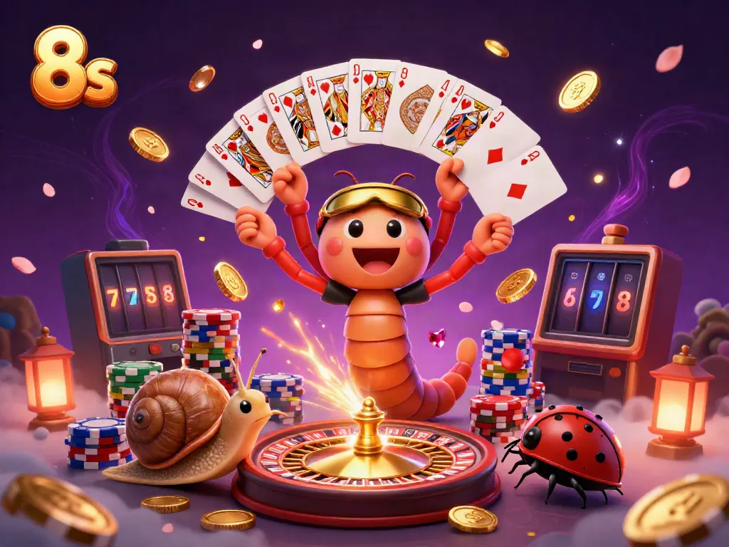 Experience the excitement of 8s in a vibrant casino scene with a cartoon millipede dealer and high-roller elements.
