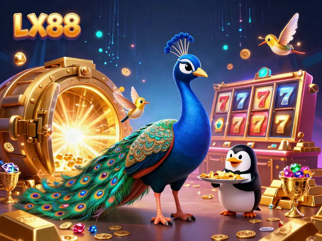 Experience the vibrant excitement of LX88 with a fabulous scene showcasing a peacock, a penguin, and treasures in a rich casino atmosphere.