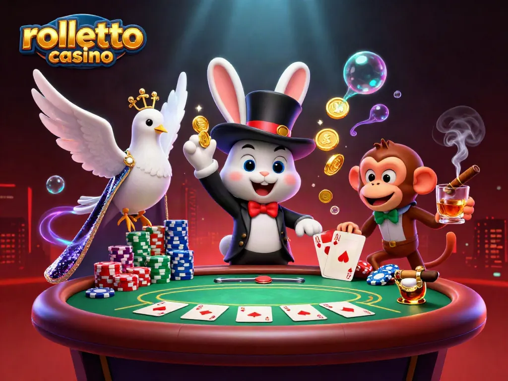 rolletto casino bringing excitement with golden coins, a magician rabbit, and poker action