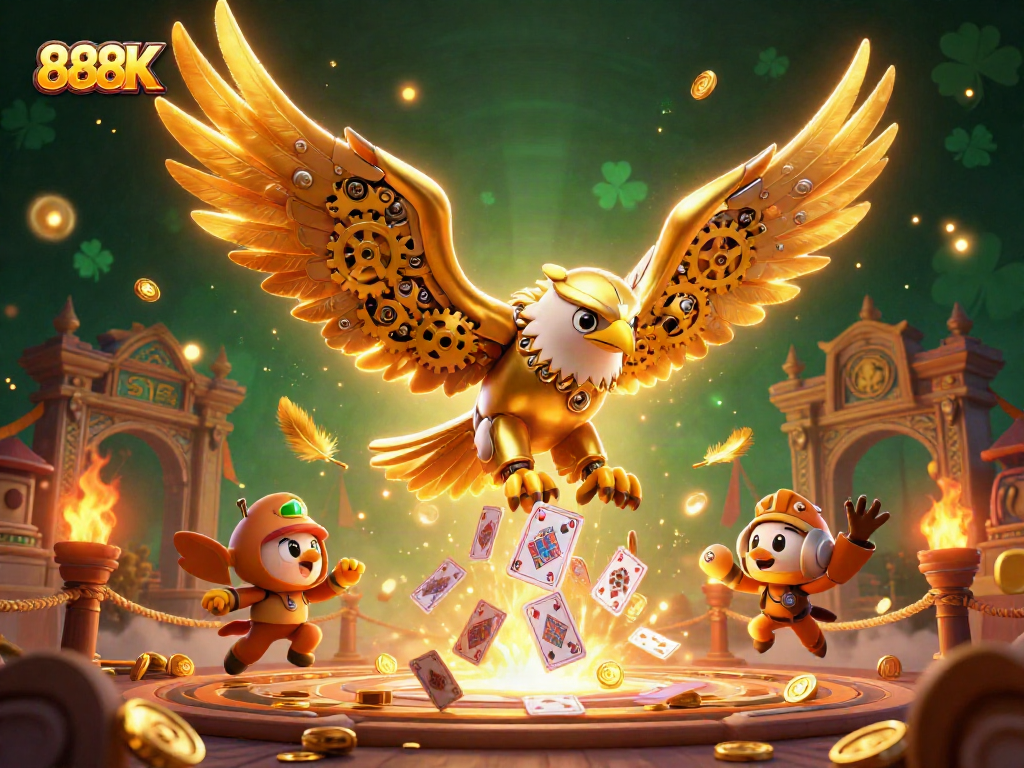Experience thrilling games at 888K with cybernetic eagle diving through playing cards.