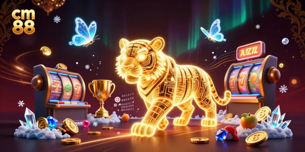 Engage with cm 88's exciting slot game experience featuring a mesmerizing golden tiger and dazzling elements.