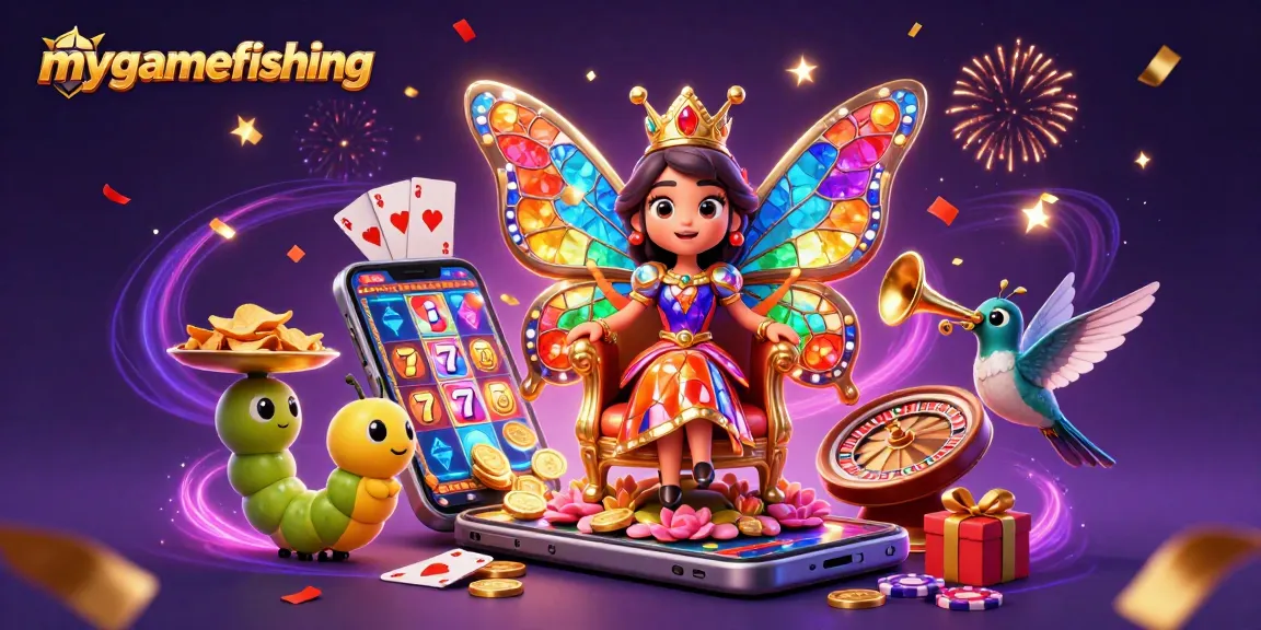 Experience the excitement of mygamefishing with a vibrant 3D illustration showcasing dynamic casino-themed elements.