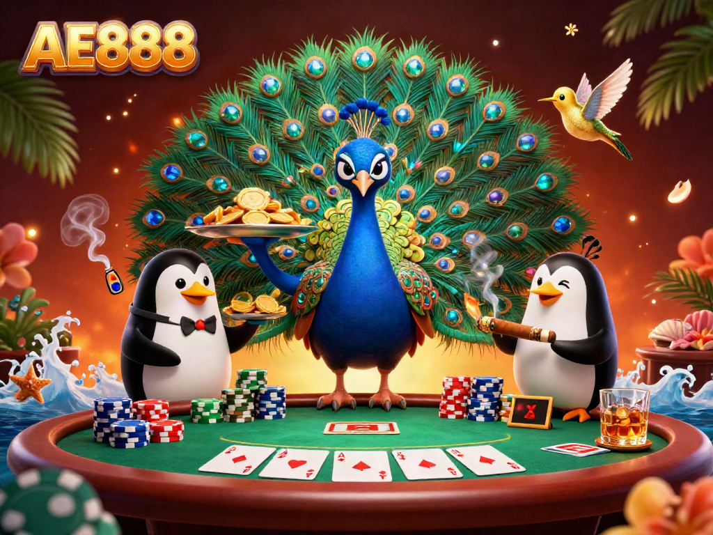 Experience top-tier gaming with AE888's lavish casino scene featuring colorful poker chips and grand characters.