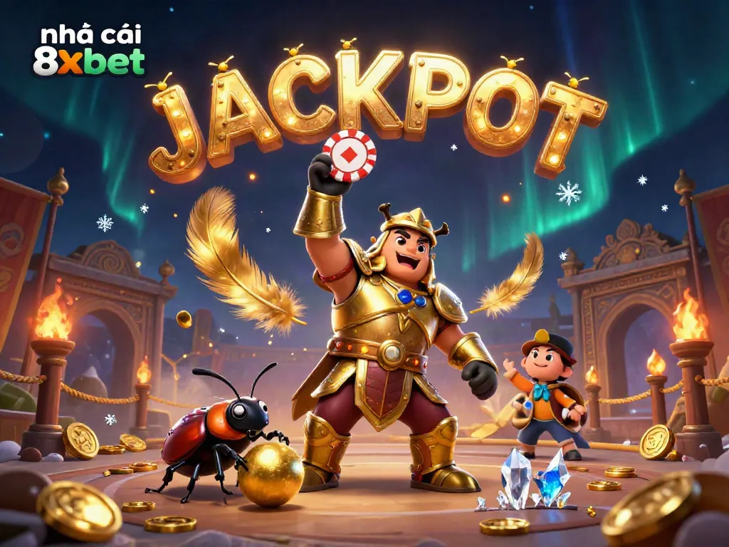 Experience the excitement with nhà cái 8xbet as cartoon beetles celebrate a jackpot win.