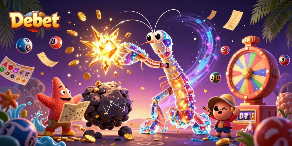 Engage with Debet's vibrant lottery scene featuring a galactic shrimp, starfish, and dynamic game elements.