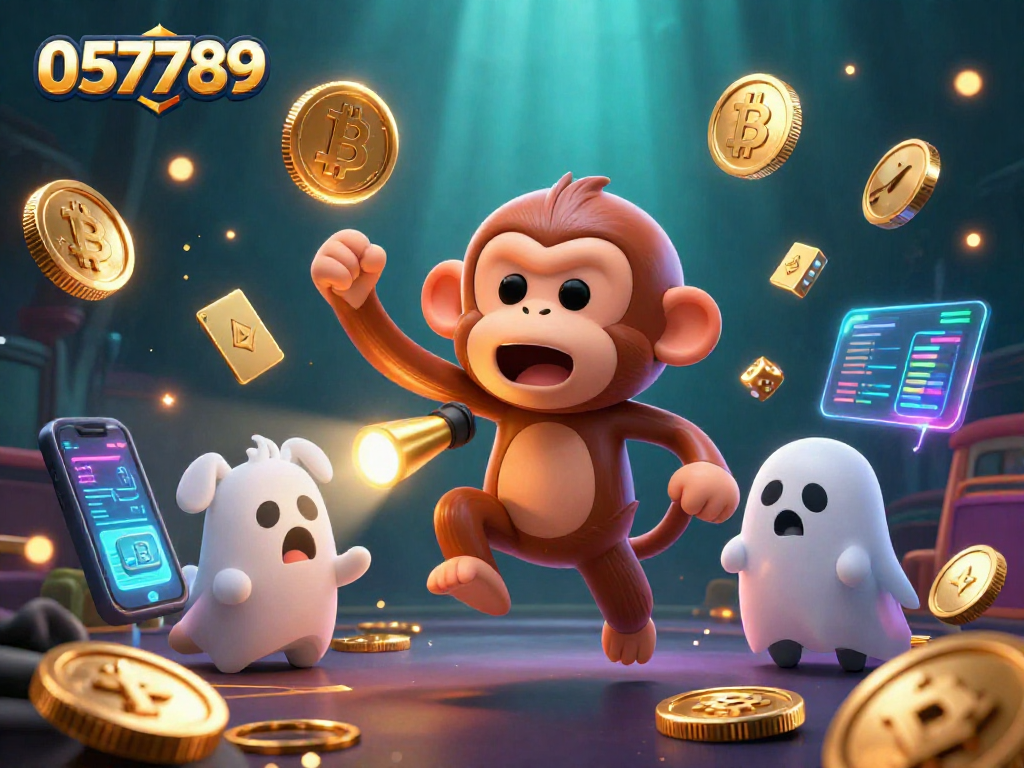 Engage with 057789's vibrant casino scene featuring a playful poltergeist monkey juggling golden coins amidst cryptocurrencies and thrilling gameplay elements.