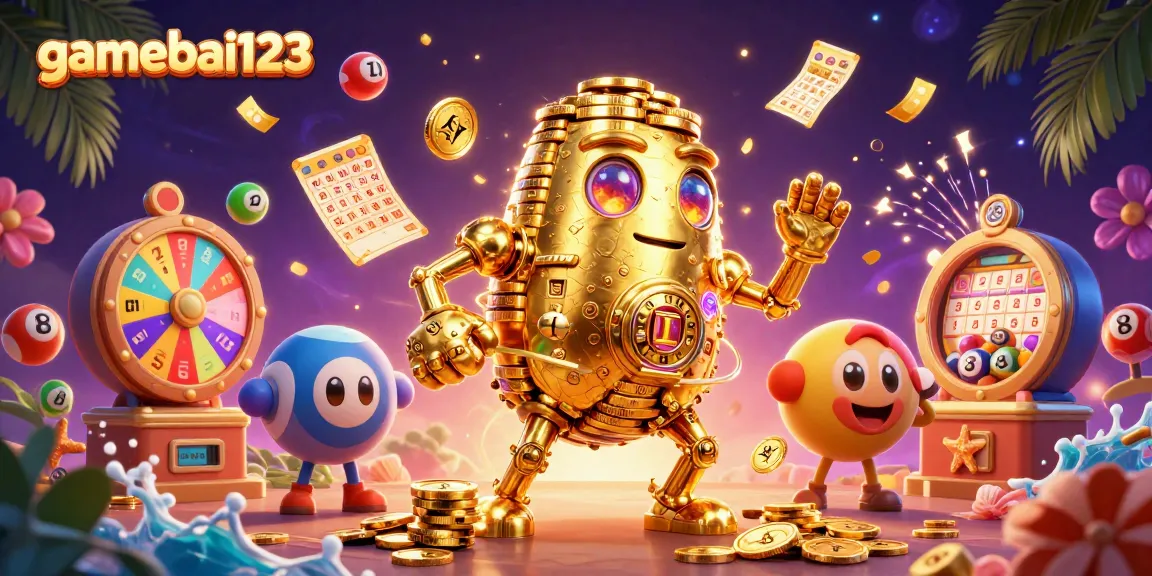 Enjoy exciting gameplay with gamebai123's vibrant casino scene featuring lottery elements and a golden golem.