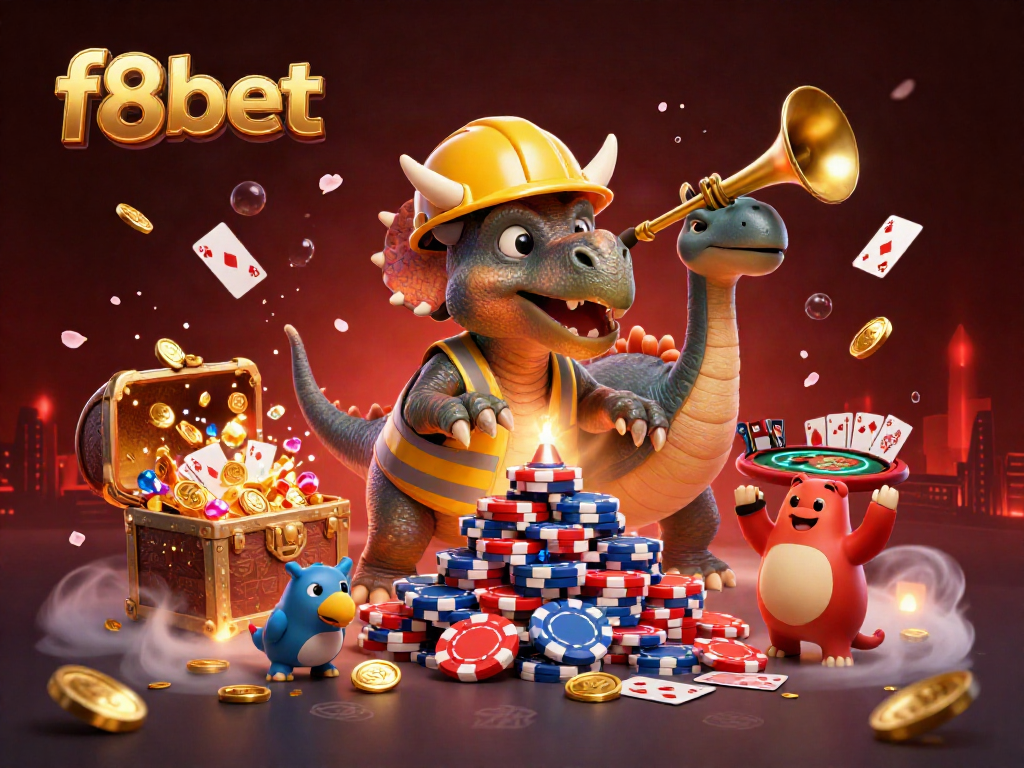 Join the fun at f8bet as a cheerful triceratops builds poker chips while friends celebrate in a vibrant casino.