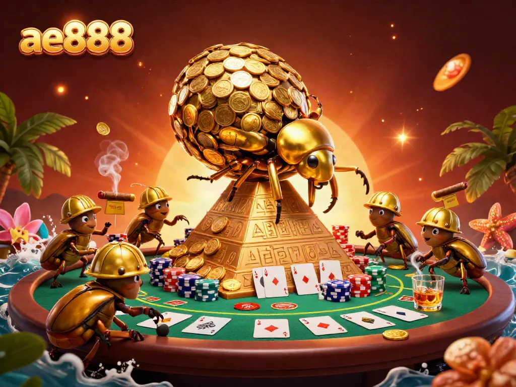 Experience the excitement of ae888 as a golden beetle rolls coin-filled treasures in a vibrant casino setting.