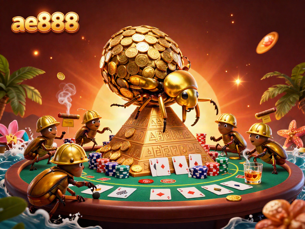 Experience the excitement of ae888 as a golden beetle rolls coin-filled treasures in a vibrant casino setting.