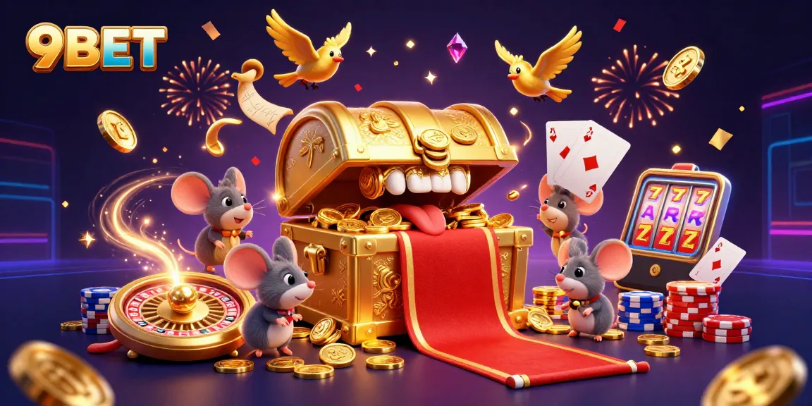 Engage with 9BET's thrilling adventures featuring a golden treasure chest and vibrant casino elements.