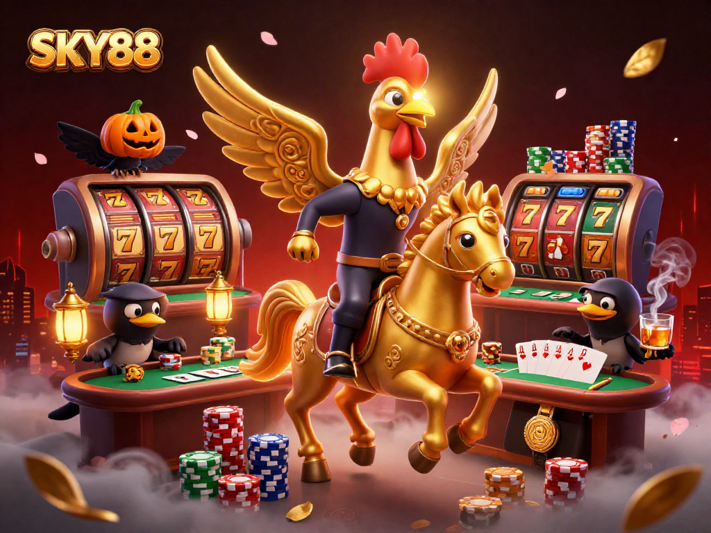 Engage with SKY88's thrilling atmosphere, featuring a golden rooster in a midnight casino scene packed with colorful gambling elements.
