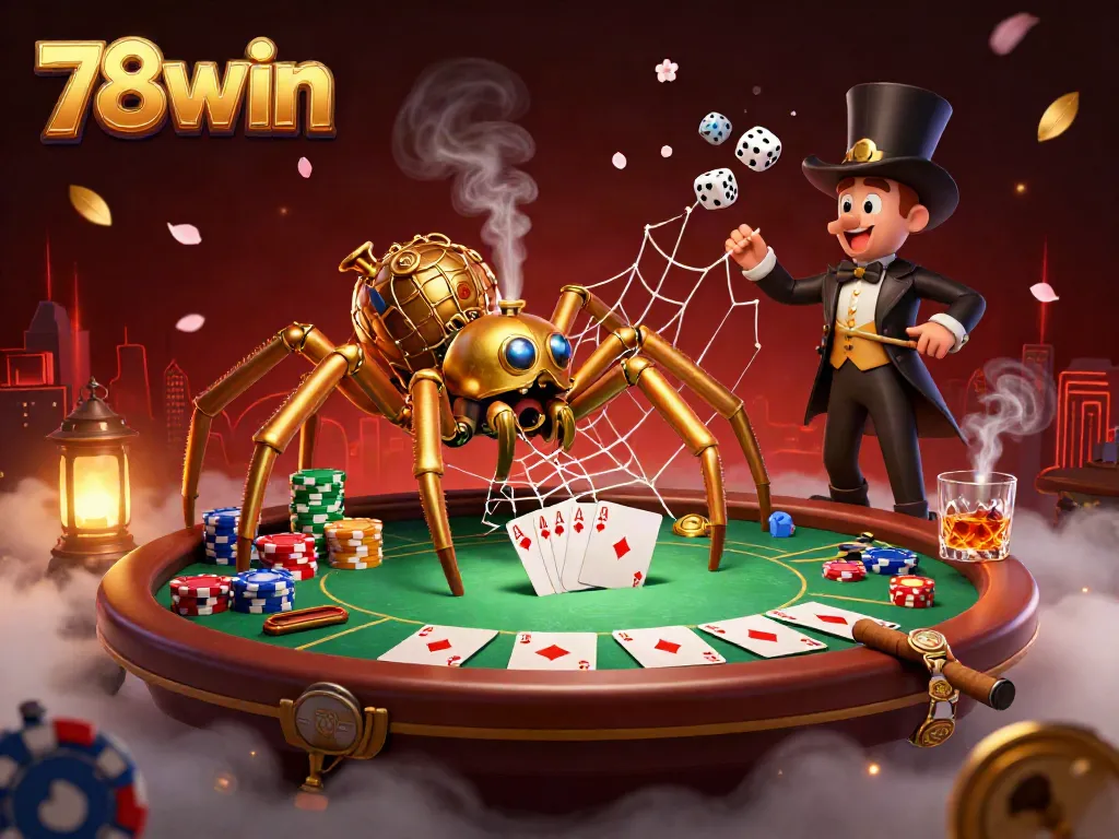 Engage in thrilling gameplay with 78win as a steampunk spider weaves its web of fortune in a dynamic casino scene.