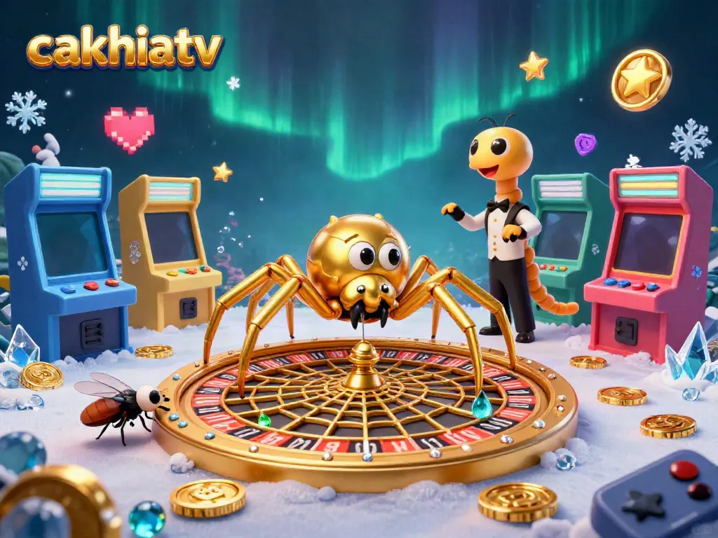 Join the excitement with cakhiatv's unique gambling experience featuring a spider roulette wheel and lively characters.