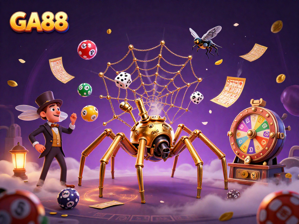 Engage with GA88's rich casino scene featuring a steampunk spider and lively lottery elements