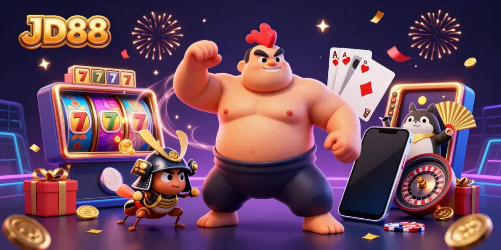 Win big with JD88's stunning sumo wrestler, cricket, and tanuki display amid vibrant casino elements.
