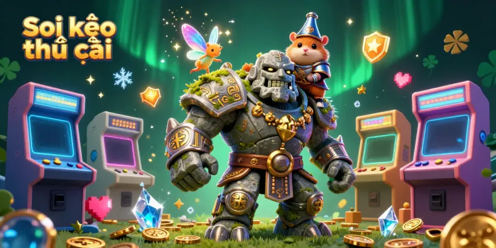 Experience thrilling gameplay with Soi kèo nhà cái in an enchanting 3D illustration featuring a magical golem and knight.