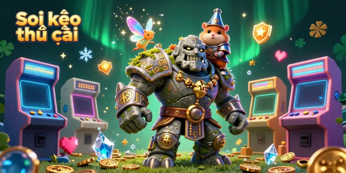 Experience thrilling gameplay with Soi kèo nhà cái in an enchanting 3D illustration featuring a magical golem and knight.