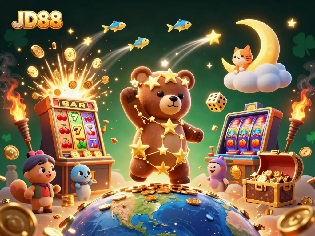 Engage with JD88's thrilling casino experience, featuring a constellation bear and jackpot slot machine.