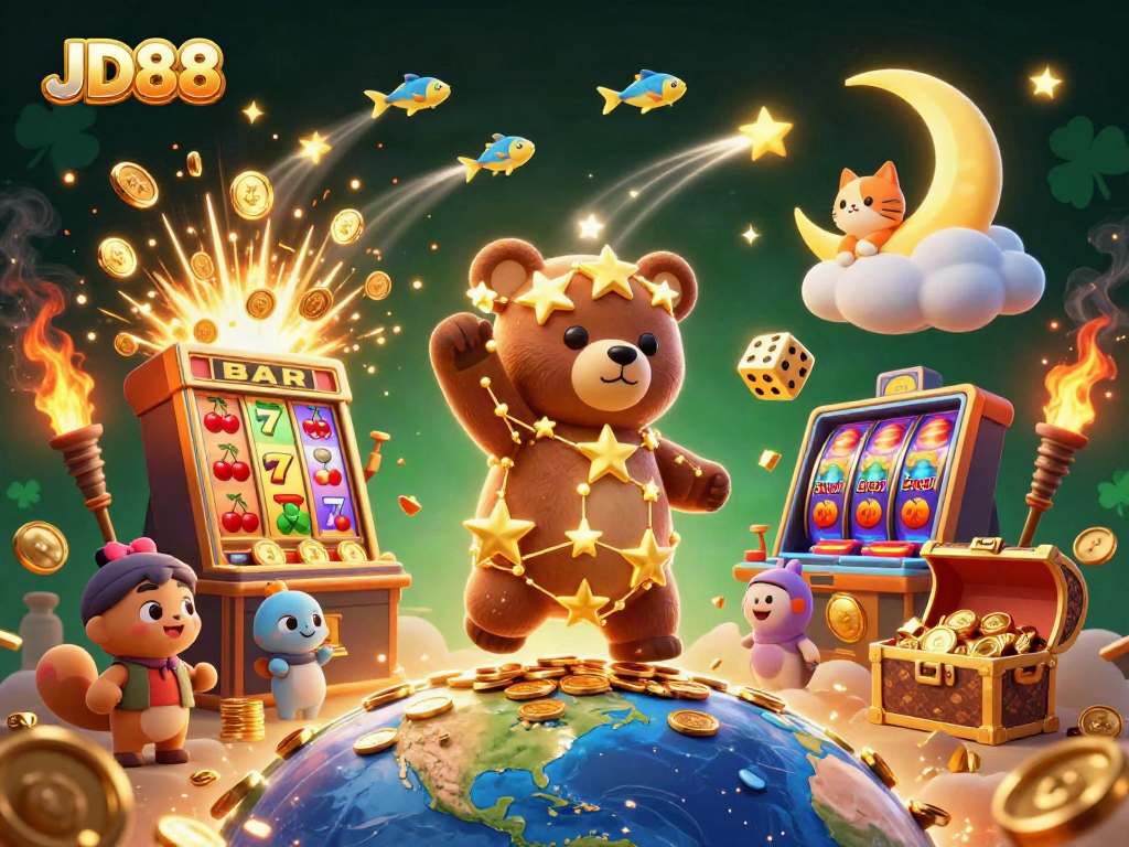Engage with JD88's thrilling casino experience, featuring a constellation bear and jackpot slot machine.