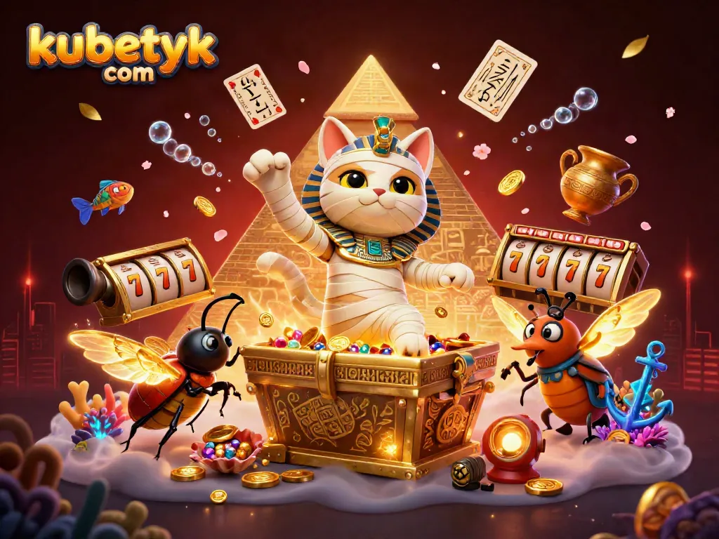Experience exhilarating gaming with kubetyk com in a vibrant 3D casino scene featuring lucky symbols and treasures.