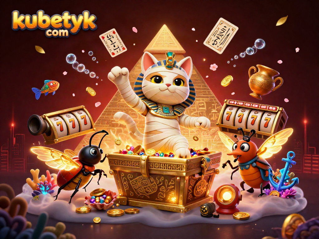 Experience exhilarating gaming with kubetyk com in a vibrant 3D casino scene featuring lucky symbols and treasures.
