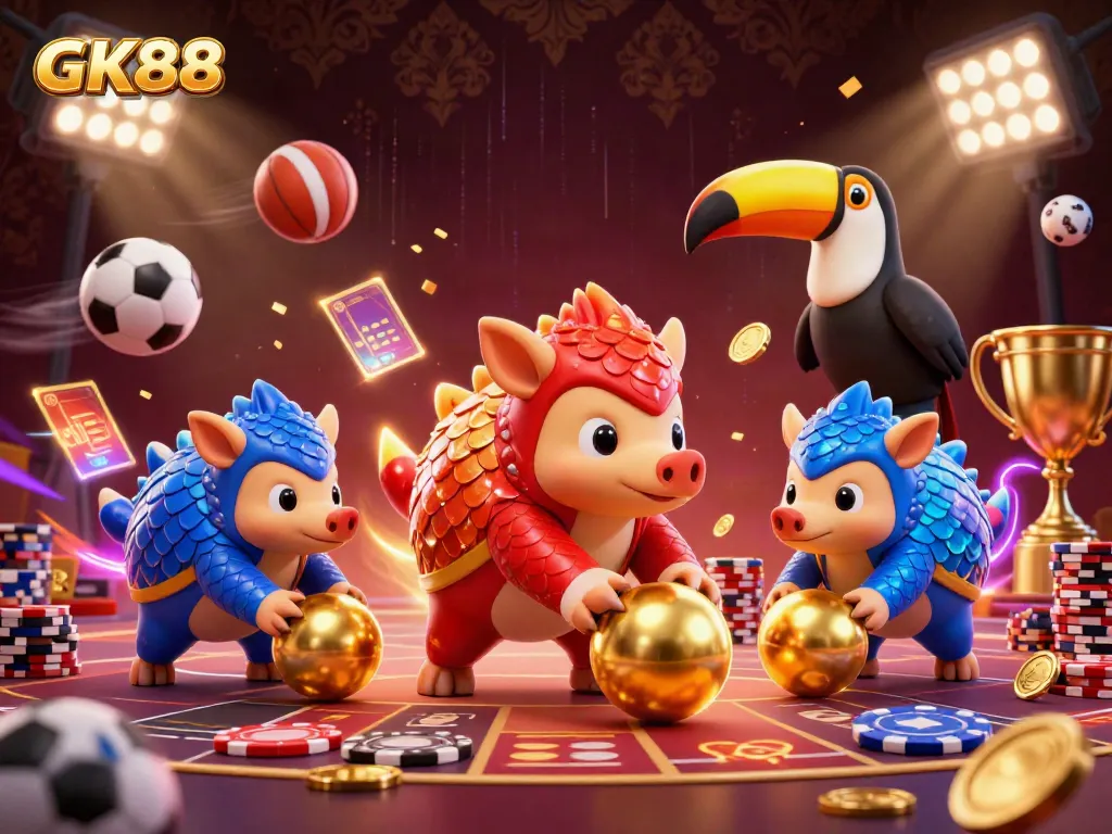 Engage in high-stakes action with GK88 as rival pangolins roll jackpot balls and scatter poker chips.
