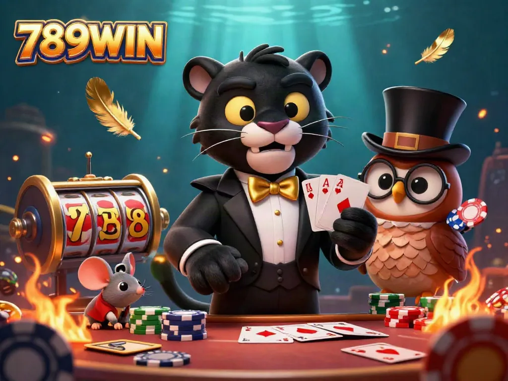 Experience thrilling gameplay at 789WIN with a stylish black panther dealer, engaging gamblers with cards and poker chips.