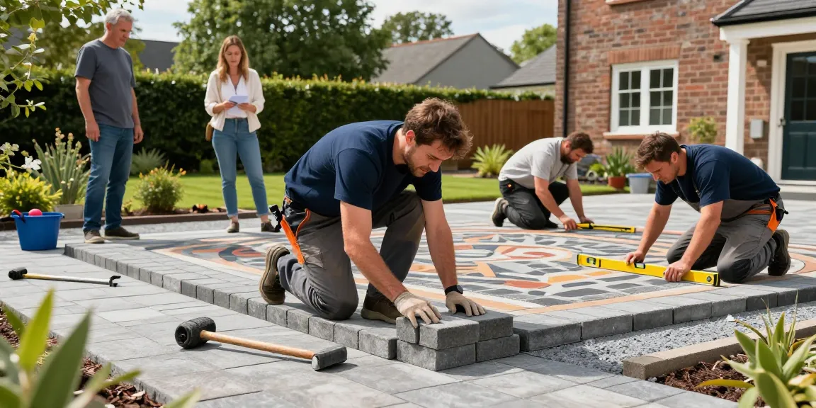 Paving contractors Dublin expertly laying a driveway with professional tools and craftsmanship.