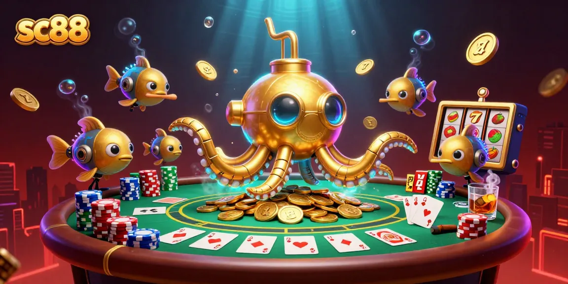 Experience the thrill of sc88 in this vibrant underwater casino scene with a kraken and poker elements.
