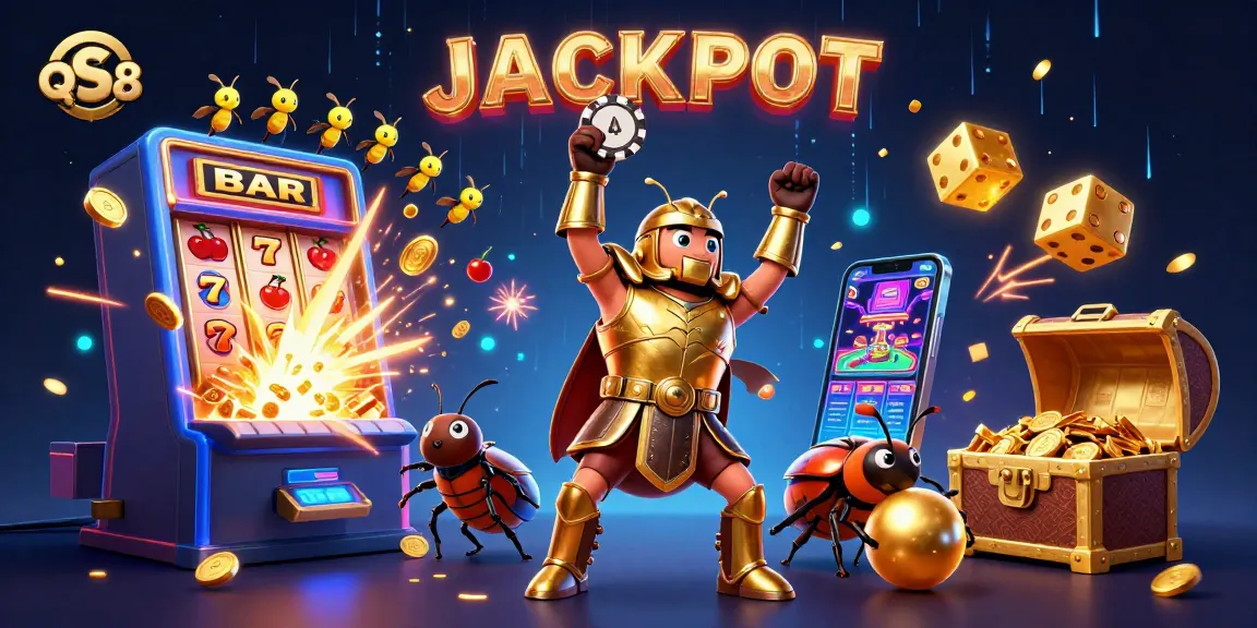 Play and win at QS88 with a victorious hercules beetle in golden armor celebrating a jackpot