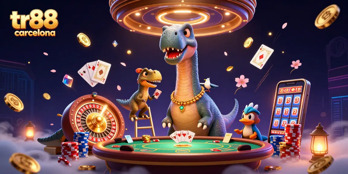 Experience the excitement of tr88 barcelona with a whimsical casino scene featuring vibrant characters and dynamic game elements.