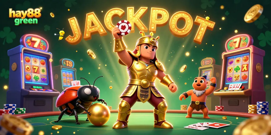 Experience big wins at hay88 green with vibrant 3D casino art showcasing a beetle champion.