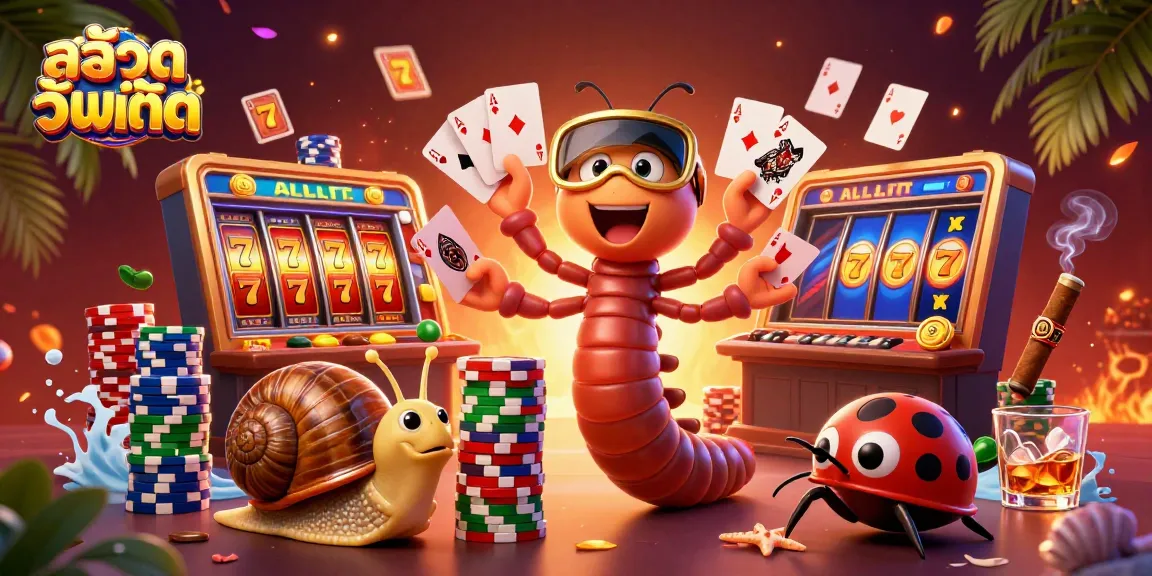 Engaging scene showcasing สล็อตอัพเดท with vibrant slot reels, a millipede dealer, and colorful poker chips, emphasizing excitement and interaction.