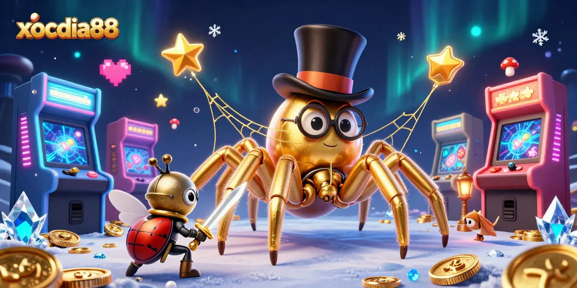 xocdia88 presents a thrilling 3D casino scene with a golden tarantula, beetle knight, and dynamic game elements.