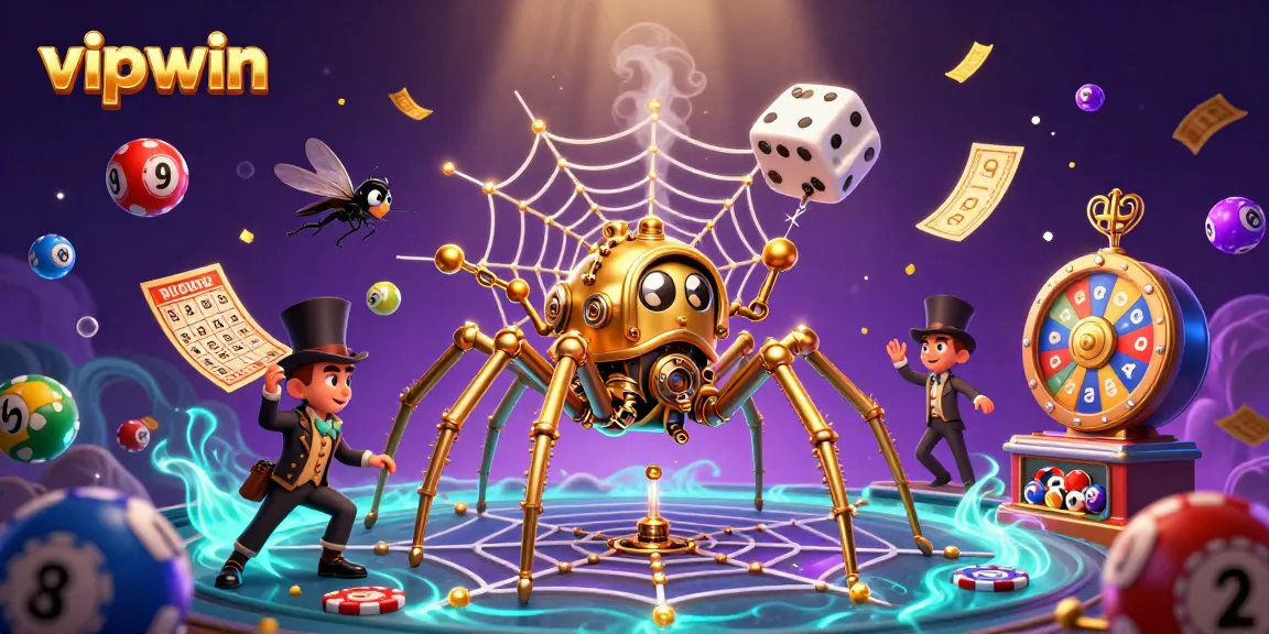 Spin the reels at vipwin with a golden spider catching rolled dice in an enchanting casino scene.