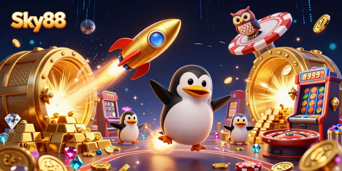 Win big with Sky88 while enjoying a vibrant casino-themed scene featuring dynamic gambling elements.