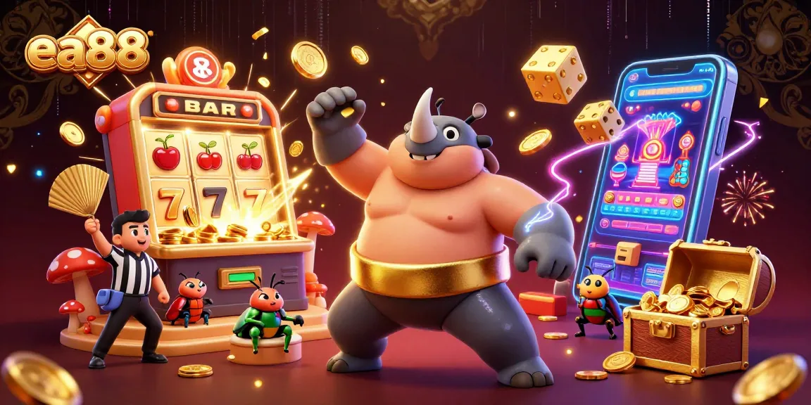 ea88 casino action scene with a sumo beetle champion sending coins flying from a jackpot slot machine