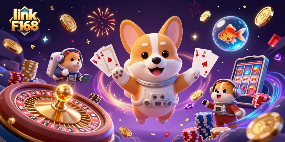 Experience thrilling gameplay at link F168 as vibrant coins and chips flow around a captivating casino scene.
