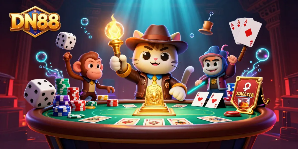 Experience thrilling adventures with DN88's vibrant 3D casino scene featuring poker elements and captivating characters.