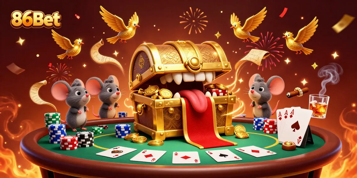 Win big with 86Bet in this vibrant casino scene showcasing poker excitement and fortune.