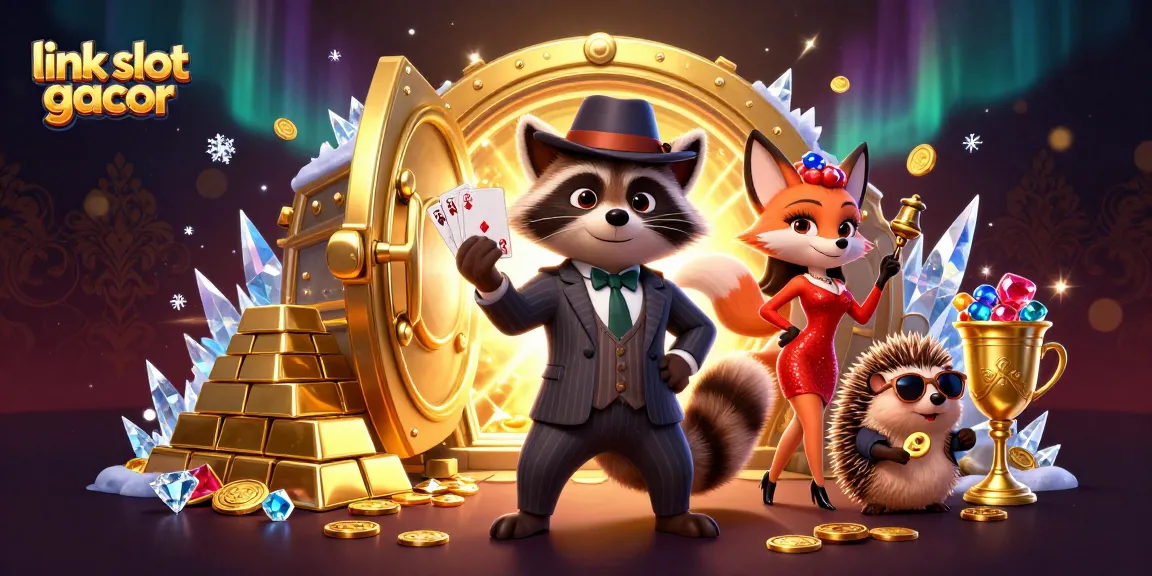 Join the excitement of link slot gacor with playful mascots in a treasure-filled casino scene.