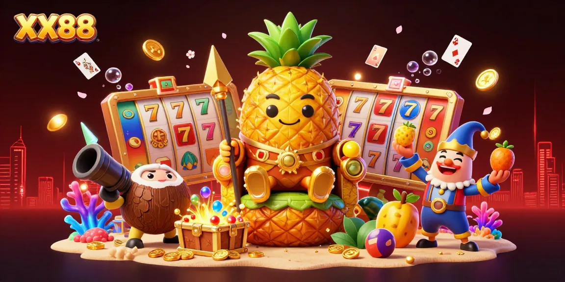 Experience thrilling gameplay at XX88 with a vibrant casino scene featuring the golden pineapple king and dynamic slot elements.