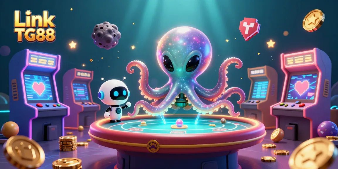 Experience the thrill of gambling at Link TG88 with a vibrant 3D illustration of an alien octopus at a poker table.